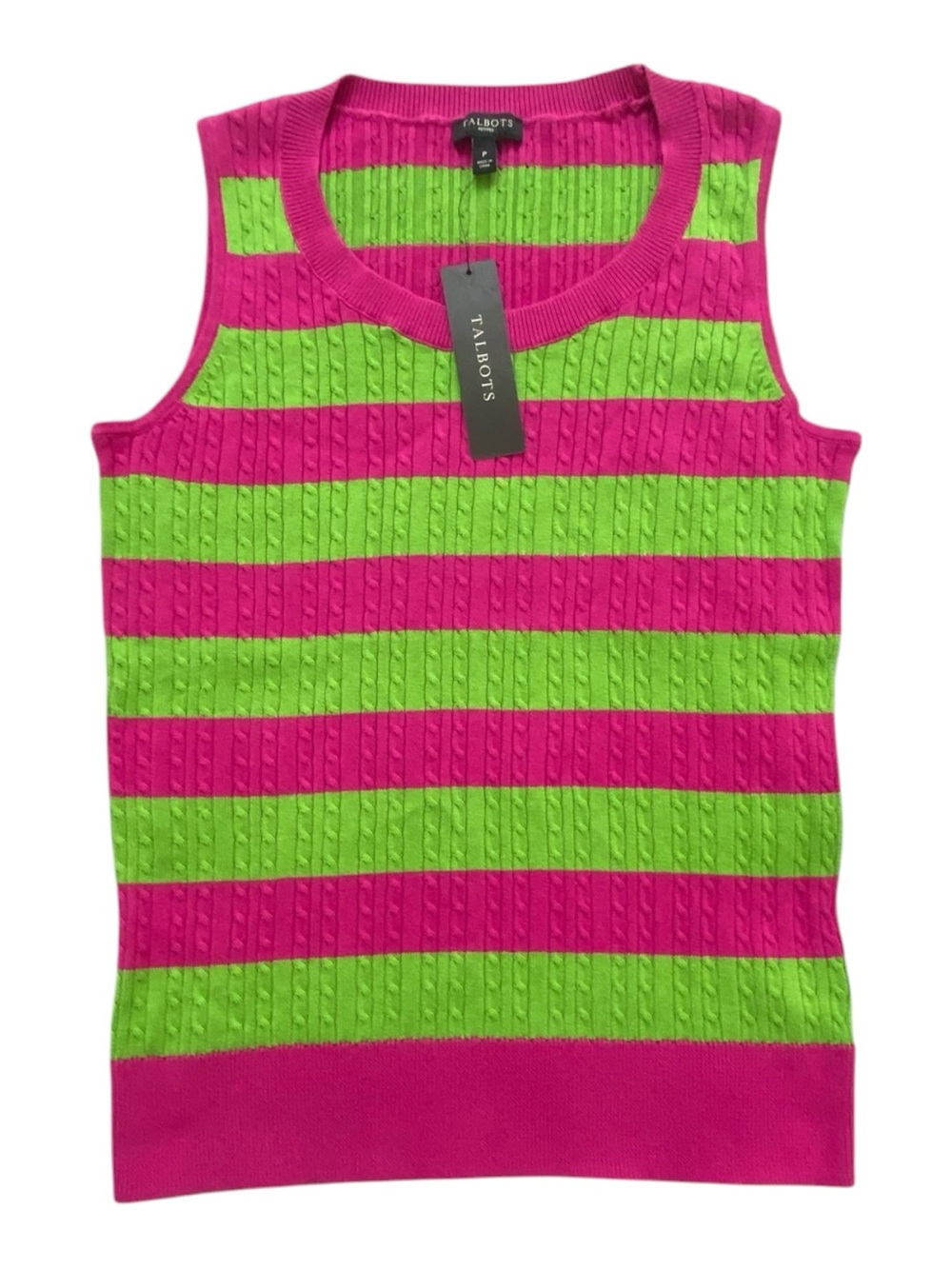 Talbots NWT Pink & Lime Green Striped Cable-Knit Sleeveless Sweater Tank Petite